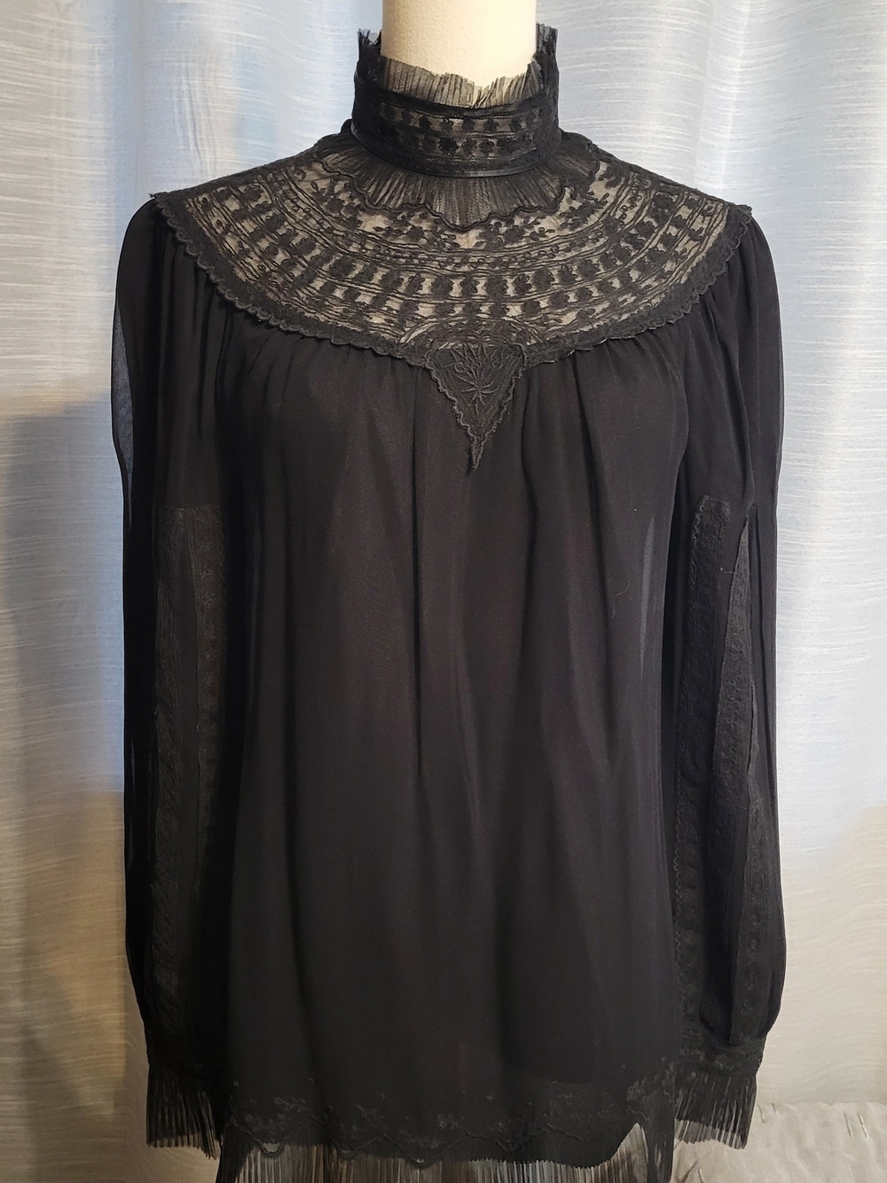 Peruvian Connection 100% Silk Black Lace Yoke High-Neck Blouse